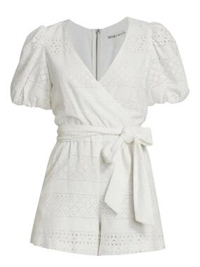 Alice + Olivia White Eyelet Wrap Romper with Zip